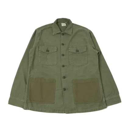 orSlow Contrast Pocket Sateen Overshirt – Olive Stone